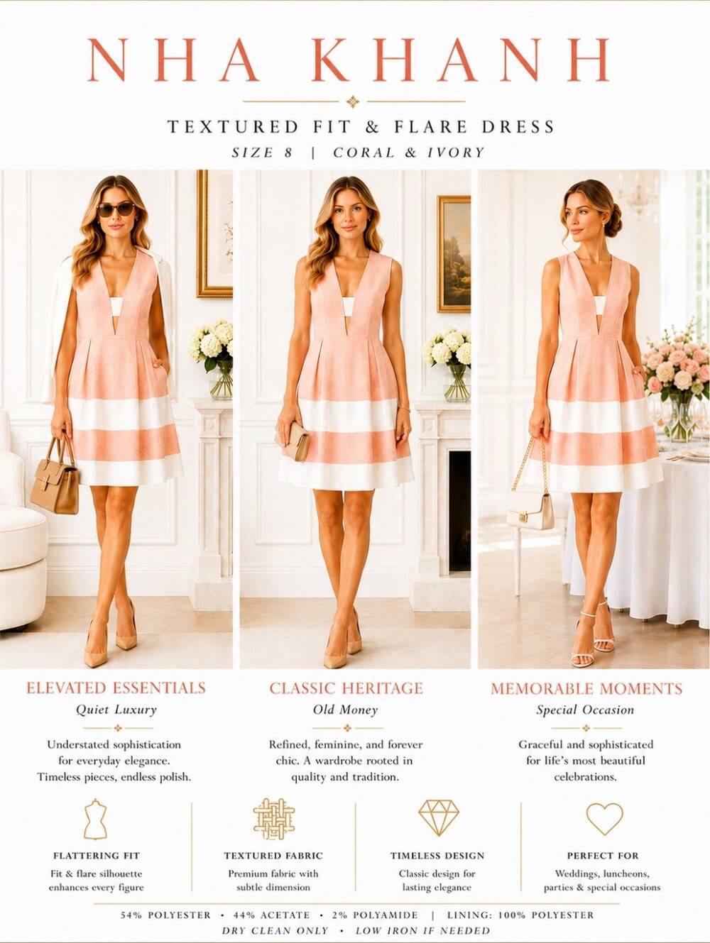 Nha Khanh | Coral & Ivory Fit & Flare Dress |  Size 8 | Luxury Dress - Picture 4 of 9